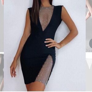 Bella Barnett Diamond Crystal Mesh Konka BodyCon black Midi Dress NWT small